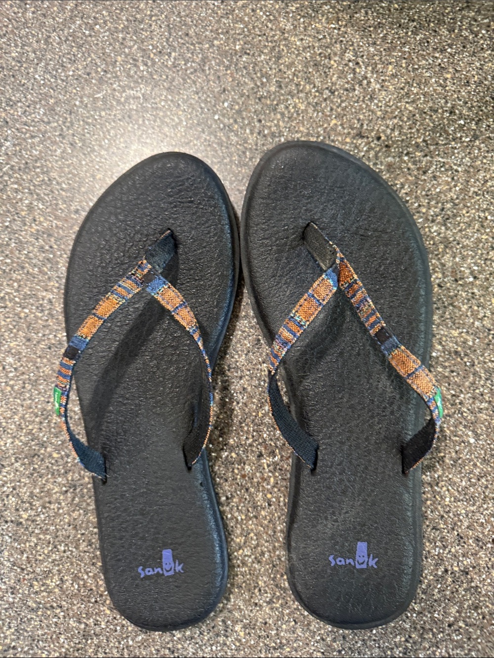Sanuk Black Flip Flops with Multicolor Patterned Straps
